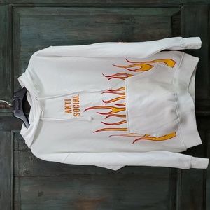 "ANTI SOCIAL” 🔥🔥Hoodie ~ White, Yellow & Red Fire Flames - Size Large, NWOT